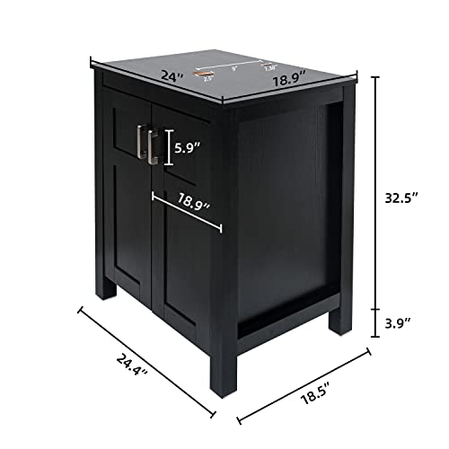 Puluomis 24 Inches Bathroom Vanity, Modern Stand Pedestal Cabinet, Wood Black Fixture, With 2 Doors, Oval Tempered Glass Sink Top With Single Faucet Hole #TOP2