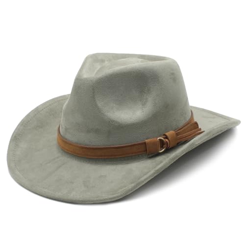 Image of Unisex Western Suede Cowboy Cowgirl Hat Classic Wide Brim Fedora Hat for Men &Women