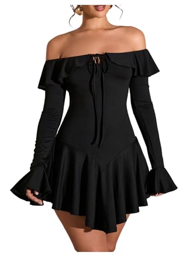 Floerns Women's Party Ruffle Dresses Elegant A Line Off Shoulder Front Tie Mini Dress
