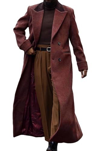 Image of Man's Double Breasted Full Length Trench Coat Casual Corduroy Collar Long Jacket Peacoat Wool Blend Winter