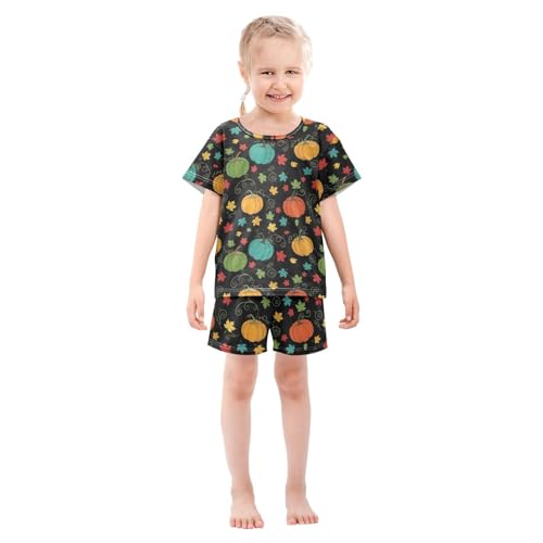 Pajama Short Sets Autumn Pumpkins Leaves Pattern Soft Cotton Summer Sleepwear 2 Piece PJS Size 5-14T4