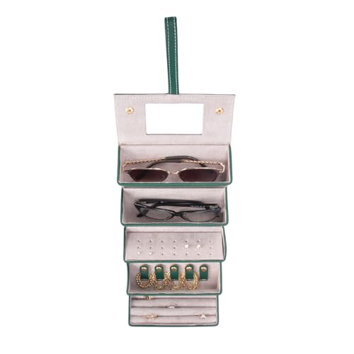 Image of Brouk & Co Leah 5 Eyewear & Jewelry Case - Pebbled Vegan Leather, Foldable Case, Snap Closure, Hanging Loop, Interior Mirror, 5 Compartments: Sunglasses and Jewelry (Green)