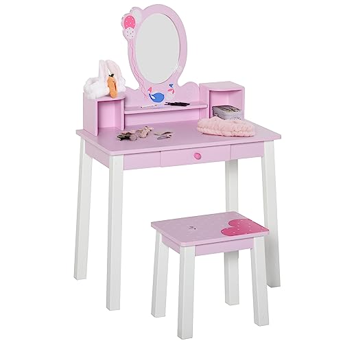 HOMCOM Tocador Infantil con Taburete y Espejo Tipo Princesa Mesita de Maquillaje de Madera Rosa Juguete para Niñas 60x34x93 cm