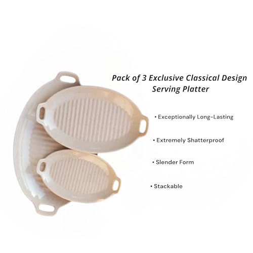 Image of Serving Platter | Melamine Snack Platter | Multi-Purpose Kitchen Serving Platter | Versatile Chip and Dip Tray for Snacks, Starters & Desserts | Lightweight & Dishwasher Safe | Set of 3 (CREAM)