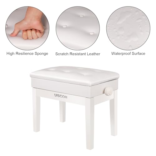 UISCOM Piano Bench with Storage Adjustable Solid Wood Keyboard Bench - Heavy Duty Wooden Piano Stool Padded with Cushion, Keyboard Stool (White)