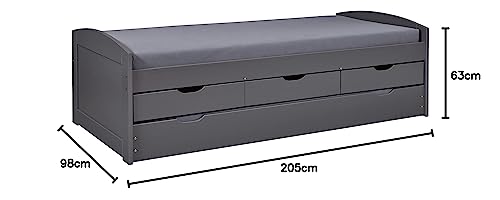 Inter Link - Funktionsbett - Kinderbett - Einzelbett mit Stauraum - Bett mit Schubladen - 2 Liegeflächen 90x200cm - Kiefer massivholz - inkl. Lattenrost - Grau lackiert - Lena 90x200cm