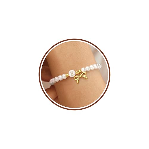 Pearl Initial Bracelets for Women Trendy Letter Beaded Bracelets 14k Gold Plated Bow Jewelry Bridal Shower Wedding Gifts Graduation Birthay Gifts for Women Jewelry