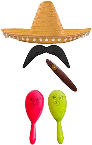 MEXICAN FANCY DRESS ACCESSORY SET. MEXICAN SOMBRERO + MARACAS + TASH. PERFECT FOR MEXICAN FANCY DRESS COSTUMES SENORITA BANDIT MARIACHI (BLACK POM POM SOMBRERO + GREEN AND RED MARACAS)