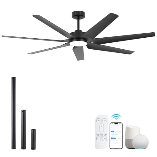 65 Inch All-Weather Outdoor Ceiling Fan with Light and Remote wet-rated, High CFM, Smart Alexa/App Control Energy Efficient & Quiet DC Motor, 7 Large Black Waterproof Blade for Patio, Porch, Garag...