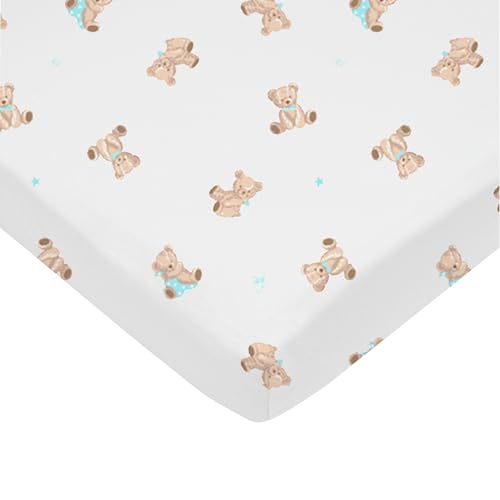 Image of American Baby Company 2 Pack 100% Natural Cotton Fitted Pack and Play Sheets 39 inch x 27 inch - Soft & Breathable Pack N Play Sheets for Playard & Mini Crib Mattress, Bear and White, for Boys & Girls