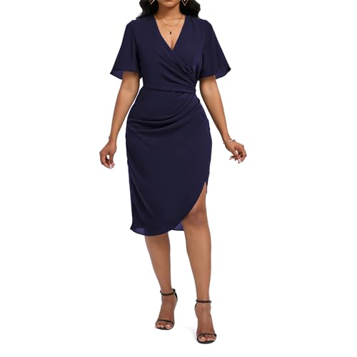 Image of Women's Wrap V Neck Asymmetrical Hem Midi Ruched Cocktail Evening Dress | Back Zipper, Regular Fit, Club Night, Semi Office Formal, Wedding Dinner Date, Flutter Short Sleeve