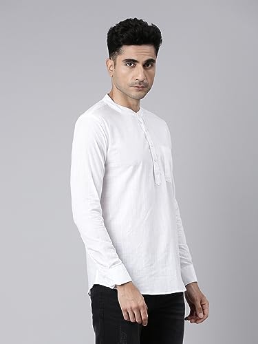 Image of KRYPTIC Men's Full Sleeve Regular Fit Short Kurta in Premium Pure Cotton with Patch Pocket and Mandarin Collar - Perfect Blend of Style and Comfort