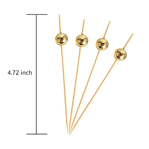 100 Pics à Cocktail En Bambou - Longueur 12 Cm Avec Perle Dorée - Pour Apéritifs, Brochettes, Décorations - Réutilisables - Fêtes, Mariages, Noël