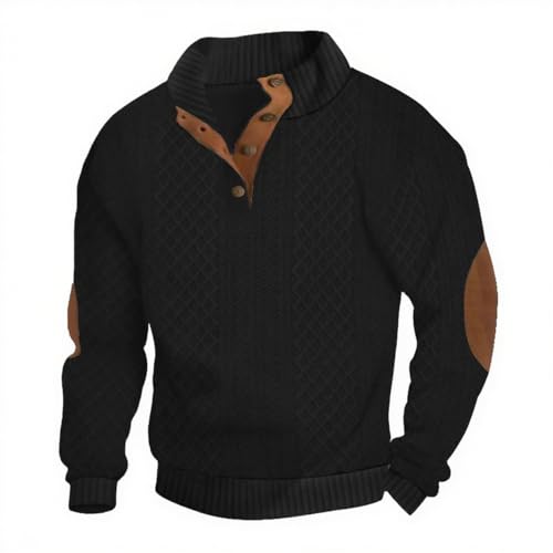 Lexiart Mens Casual Knitted Pullover Sweater Long Sleeve Stand Collar Vintage Button Sweaters with Elbow Patches
