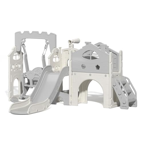 Image of Molkei Kids Slide and Swing Playset, Toddlers Freestanding Playground with Climber, Storage Area, Tunnel for Indoors and Outdoors, Gift for Children, Grey and White