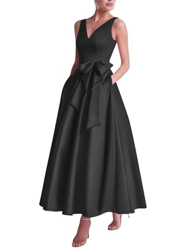 Eightale Satin Mother of The Bride Dress for Women Tea Length Sleeveless A-Line Formal Gown with Bow