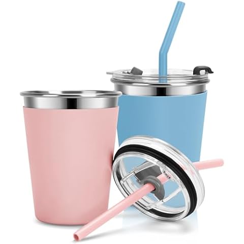 Vermida Kids Cups with Straws and Lids Leak Proof, 12oz Sippy Cups for Toddlers 1-3, 2 Pack Spill Proof Cups Stainless Steel Kids Cups with Lids for School, Outdoor (Blue & Pink) Cover