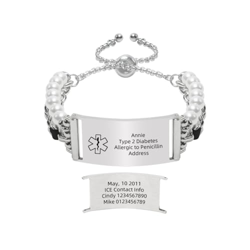 Medical ID Bracelet for Women Feminine Elegant Adjustable Metal Chain Bracelet Strap with Leather Pearl Beaded Stylish Custom Alert Bracelets Allergy ADHD