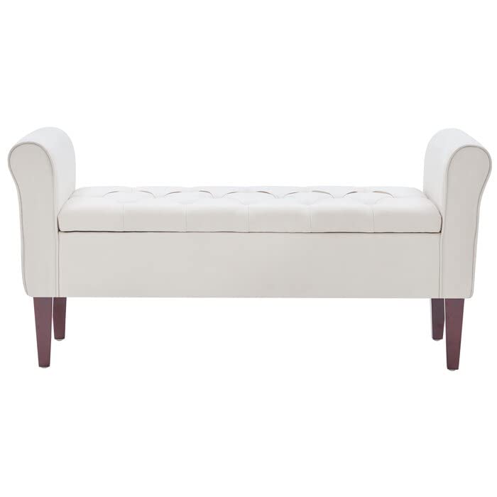 Image of Sal Wood Upholstered Flip Top Storage Armrest Bench Ottoman Pouffe Puffy Settee 2 Seater Sofa Footstool for Livingroom Bedroom Office Hotel Guestroom (White)