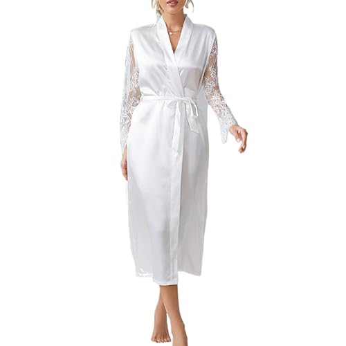 ROSVAJFY Bata larga sexy para mujer, albornoz de encaje transparente, puño de seda, ligero de satén, ropa de dormir con cinturón para novia, traje de baño, Blanco, Talla única