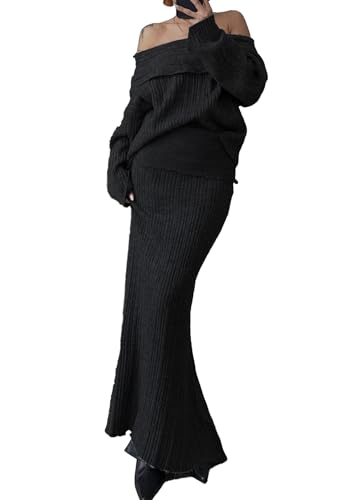 Image of Unybwonn Skirt Sets Women 2 Piece Outfits off the Shoulder Sweater and Knitted Skinny Maxi Skirts Fall Casual Outfits