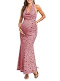 AISWI Maternity Sequin Halter Dress Drap Neck Ruched Mermaid Pregnancy Dresses for Baby Shower Photoshoot Formal, Dusty Pink, M