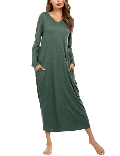 Sykooria Nachthemd Damen Lang Baumwolle Gestreifter Nachtkleid Morgenmantel Stillnachthemd Sleepwear mit Taschen, A-Dunkelgrün, L