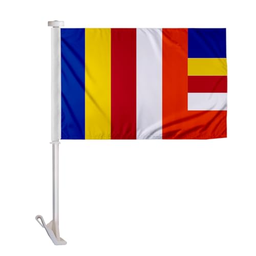 PromoPatriot Buddhist Premium Car Flag 10.5 x 15 inch - Double Sided Wrap Knitted Polyester Religious Flag - Reinforced Stitched Edges, 19 inch Stiff Plastic Pole with Window Clip Attachment for Vehicle Display