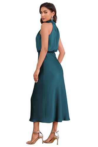 Image of Women's Satin Maxi Dress Summer Formal Wedding Guest Cocktail Dress | Mock Neck Sleeveless,Elegant Silk Midi Long Dress,High Neck,Halter,Aline,Bridesmaid,Bridal Shower Guest,Garden Party,Dinner