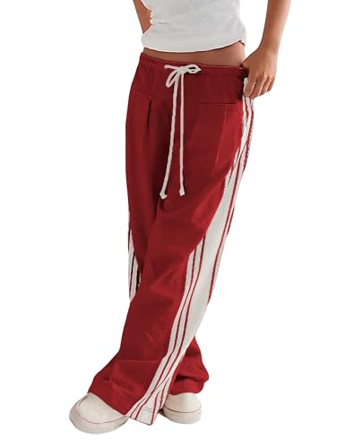 Hongsui Women's Wide Leg Pants Drawstring High Rise Side Striped Slouchy Palazzo Pants with Pockets (Red-L)