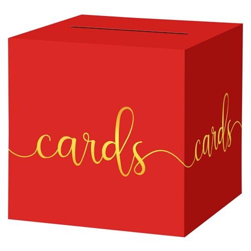 Image of Hooqict Red Gift Card Box with Slot 9.1 inch Gold Foil Card Box for Party, Graduation, Wedding Reception, Birthday, Christmas, New Year, Raffle Ticket Money Envelope Holder