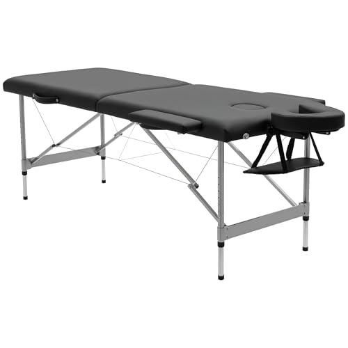 HOMCOM Camilla de Masaje Plegable Mesa de Masaje Portátil con Altura Ajustable en 7 Posiciones Reposacabezas y Marco de Aleación de Aluminio para Fisioterapia Carga 130 kg 186x71x62-83 cm Negro