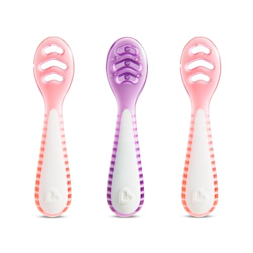Munchkin Gentle Dip Multistage First Spoons| Weaning Spoons for Babies 4+ Months | Ideal for Baby-Led Weaning | Ergonomic Design | BPA-Free | Pink & Purple | 3 Pack