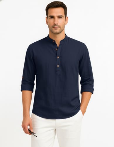 Image of Zombom Men's Cotton Blend Kurta Shirt with Full Sleeves Mandarin Collar Neck Solid Pattern for Men Regular Fit Ethnic Wear Casual Festive Top Modern Style | Cotton Shirt for Mens
