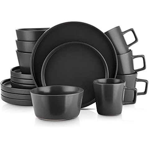 Stone Lain Coupe Dinnerware Set,16 Piece, Service for 4, Black Matte Cover