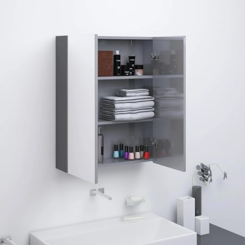 GeenYuu Armoire à Miroir Salle de Bain Gris Brillant 60x15x75 cm MDF avec 2 Portes 3 Compartiments pour Rangement sous évier Meuble lavabo Vasque Colonne...