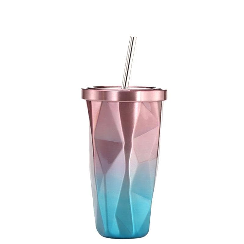 KANDPAND Straw Cup Creative Gradient Water Cup Stainless Steel Cup Straw Drinking Bottle Home School Office Diamond Shape Double Wall Tumbler with Straw Car Coffee Mug