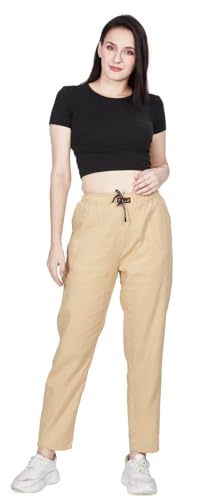 Image of TWGE - Women's Mid Rise Straight Fit Pants - Relaxed Fit Cotton Trousers with Drawstring Waist - Lightweight Everyday Wear