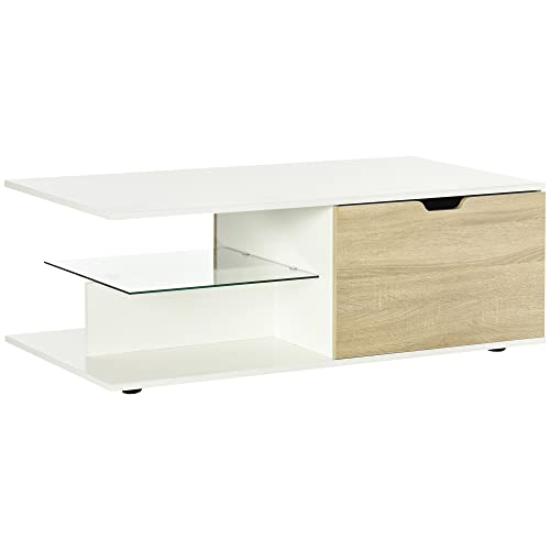 HOMCOM Table Basse Meuble TV pour Salon rectangulaire Design Moderne étagère en Verre 2 tiroirs 106 x 58 x 39 cm Blanc