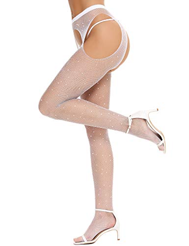 RSLOVE Collants en résille avec strass à taille haute, collants pour femmes, sexy, scintillants, Blanc, Taille unique