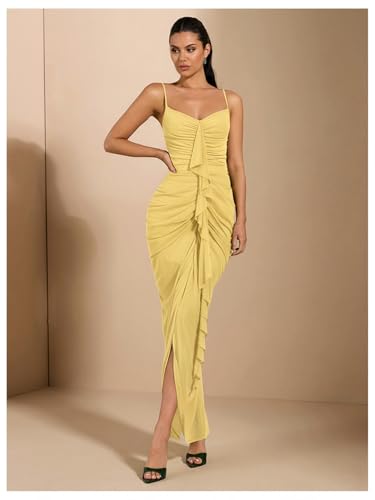 Image of Floerns Women's Ruffle Ruched Cami Dress Draped Split Elegant Bodycon Maxi Dresses