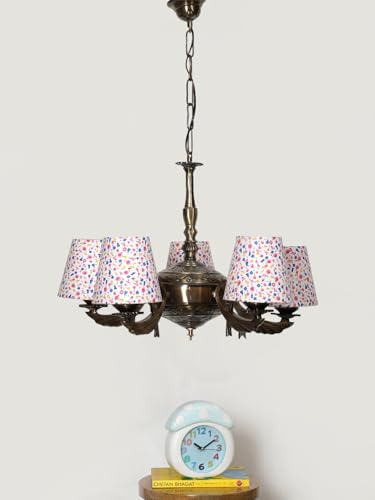 Image of Devansh 05-Light Printed Conical Multicolor Cotton Shade Chandelier - Antique Golden Finish | Adjustable Cord | Warm Glow Lamp - Ceiling Light for Living Room, Dining Area, BedroomDecor - D9