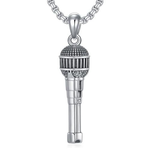 Microphone Necklace 925 Sterling Silver Microphone Pendant Jewelry for Men Women, w/Stainless Steel Chain 22''+2''