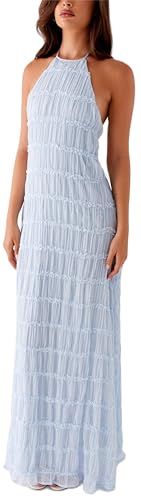 Image of Women Halter Ruched Maxi Dress Backless Sleeveless Long Dress Bodycon See Througn Pleated Sundress Beachwear