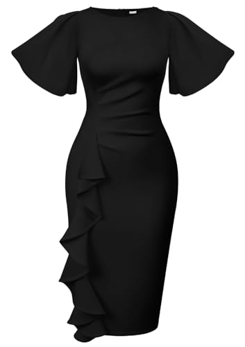 Memoriesea Women's Basic Vintage Ruffle Sleeve Ruched Bodycon Work Midi Pencil Dress