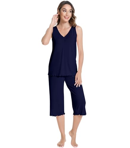 Image of NACHILA Women's Pajamas-Viscose made from Bamboo, V Neck Pjs Top with Capri Pants Pajama Set Sleeveless Sleepwear