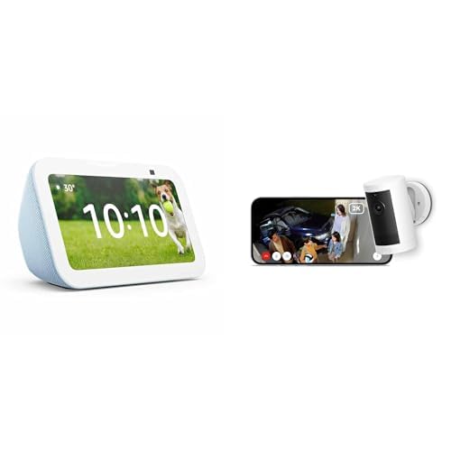 【セット買い】 Echo Show 5 (エコーショー5) クラウドブルー + Ring Outdoor Cam Plus Battery (リング アウトドアカム プラス バッテリーモデル) - ホワイトの商品画像（Amazon）