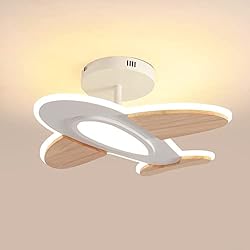 Lampara Ventilador Bebe Lámpara de techo LED de 35 W para habitación infantil I con forma de avión regulable con mando a distancia I 50 x 45 cm I 2700-6500 K I Blanco y Madera Accesorios Lámpara de techo