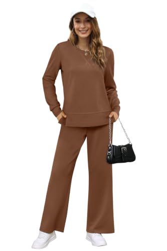 Image of OFEEFAN Women's 2 Piece Lounge Set Travel Airport Outfits Side Slit Tracksuit Wide Leg Loungewear Baggy Comfy Sweatsuit S-3XL