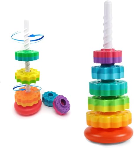 Image of Spinning Tower Stacking Toy, Rainbow Educational Rings, Montessori Sensory Learning Toy for Toddlers 1-3 Years